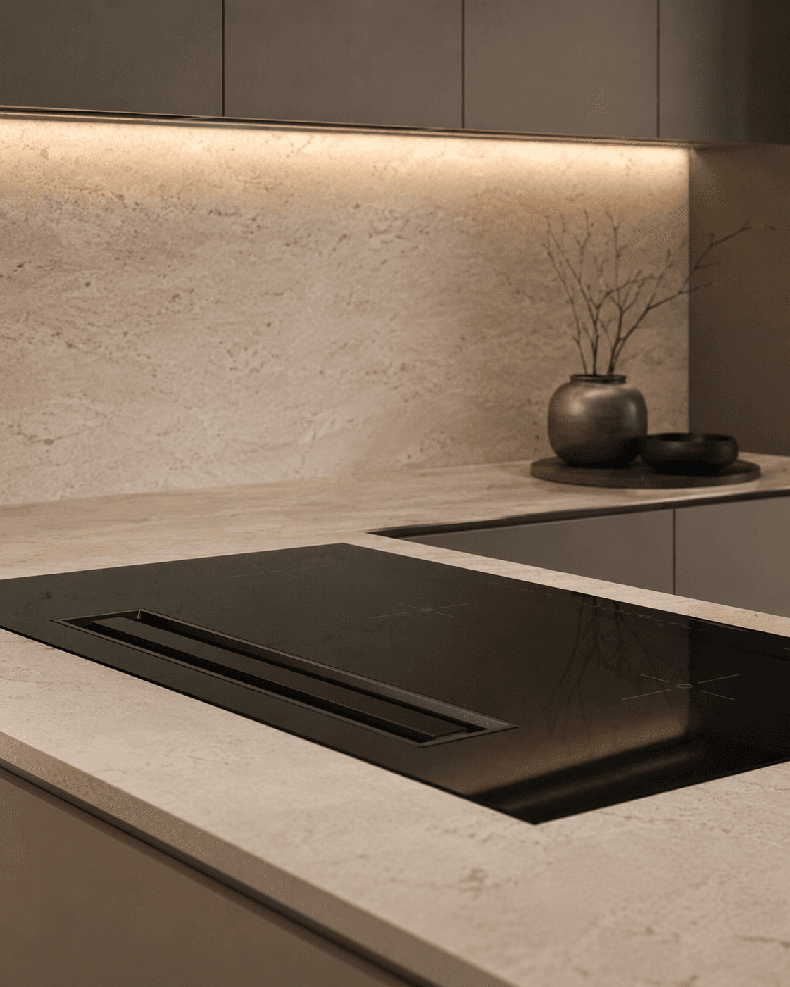 Kitchen detail with linear under-cabinet lighting and Tech Pack mood.