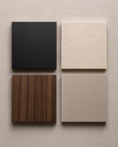 Counter and backsplash in natural stone, warm under-cabinet light and countertop detail.