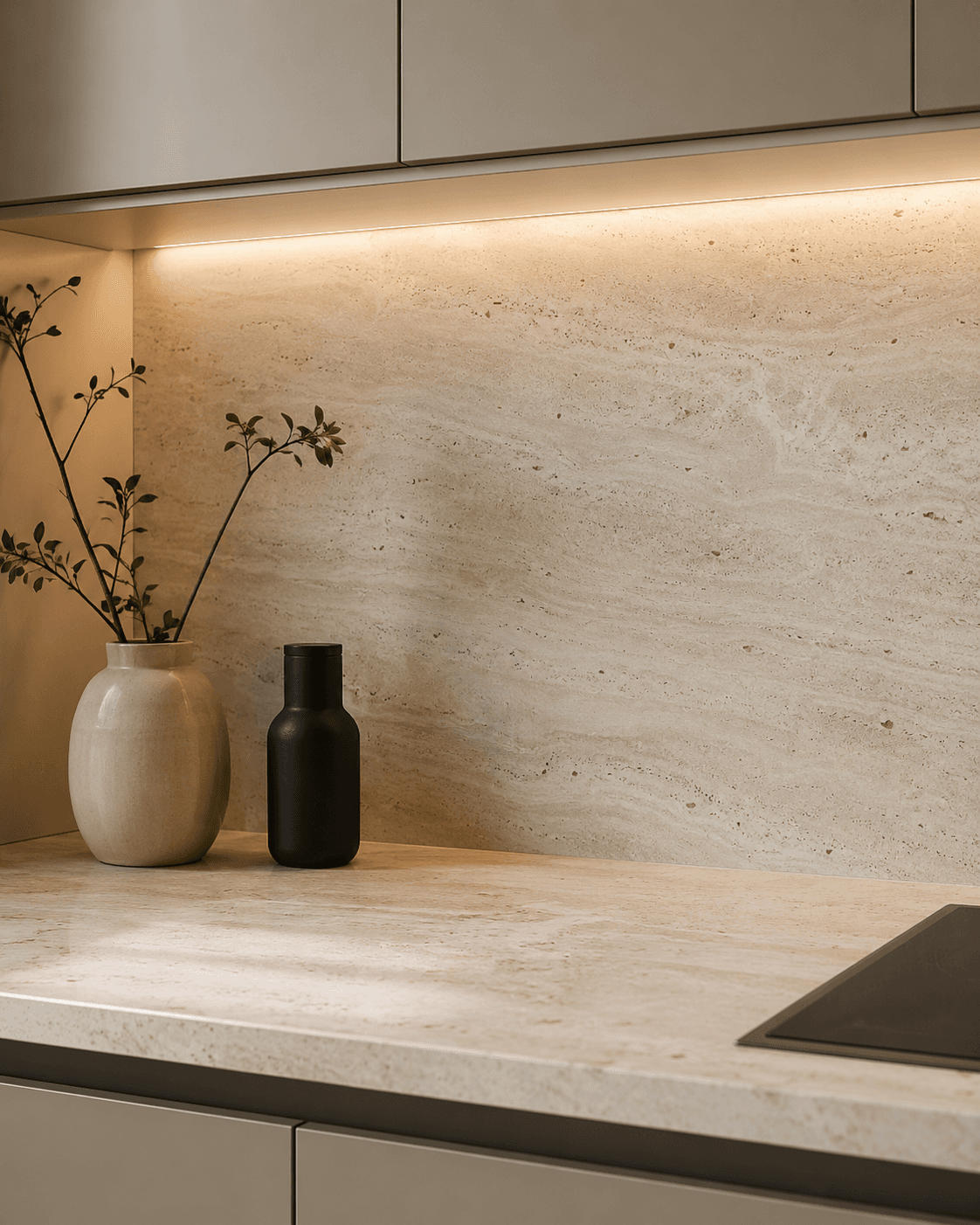 Joint and edge detail on quartz or sintered-stone countertop.