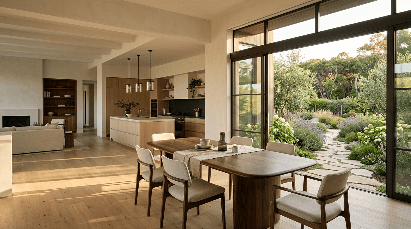 Una cocina Ookora vista desde el comedor con luz dorada