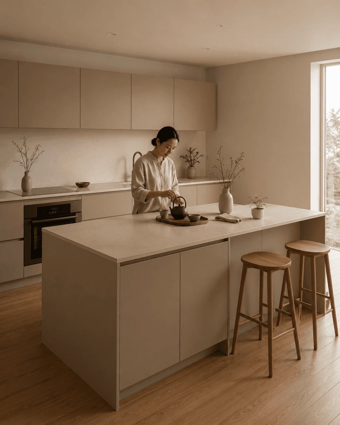 Honne line: sandy-toned kitchen—Japanese calm and everyday use.