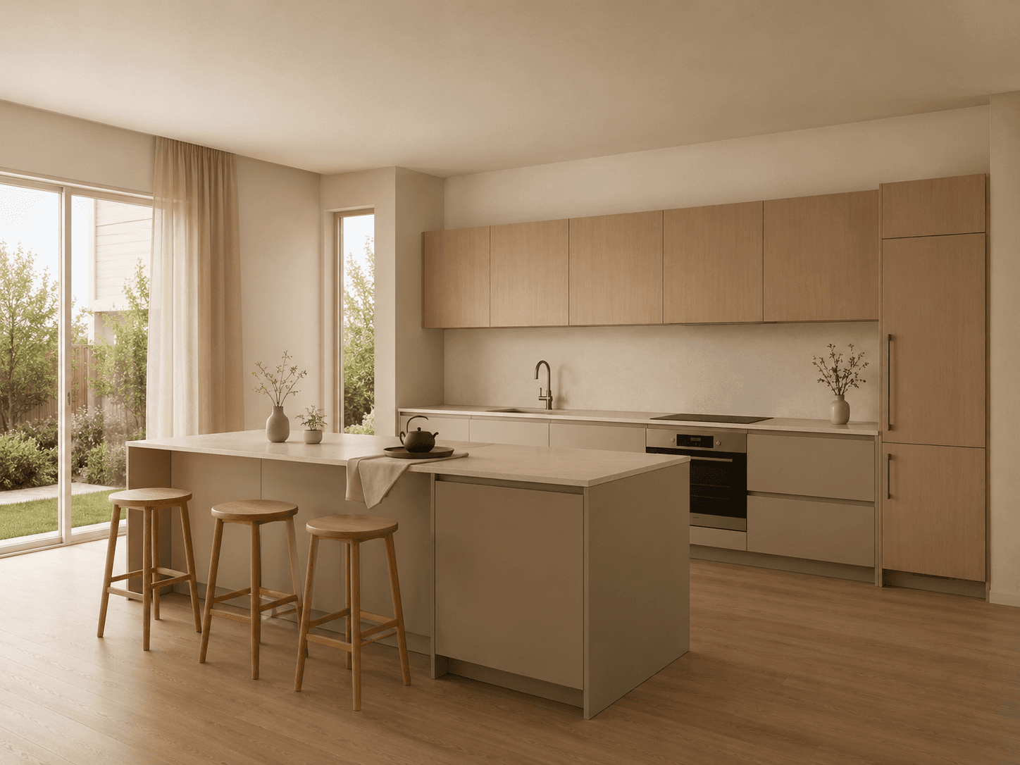 Cocina Honne: zona de trabajo y superficies en continuidad suave.