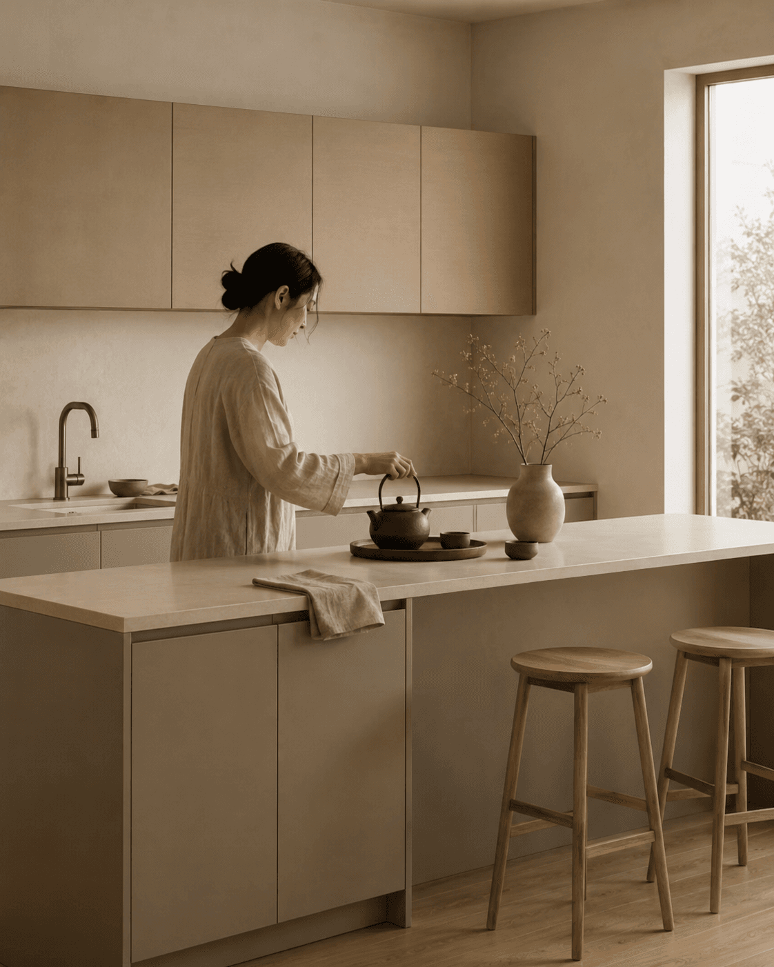 Cocina Honne: vista general de la línea, santuario doméstico en silencio.
