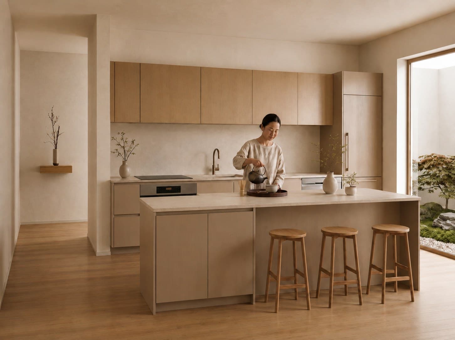 Cocina de tonos arena con isla central, taburetes y mobiliario minimalista en una atmósfera serena.