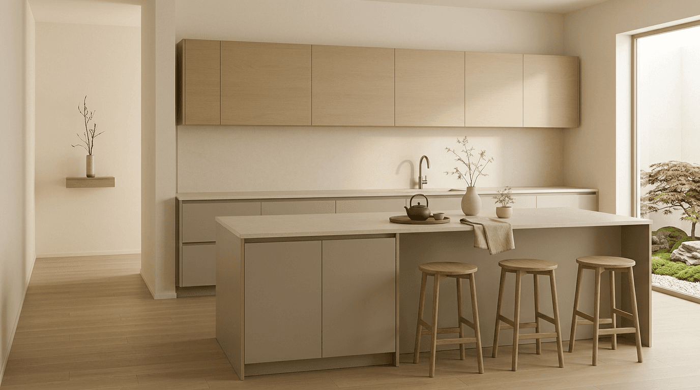 Vista en perspectiva 3/4 de cocina Honne con isla