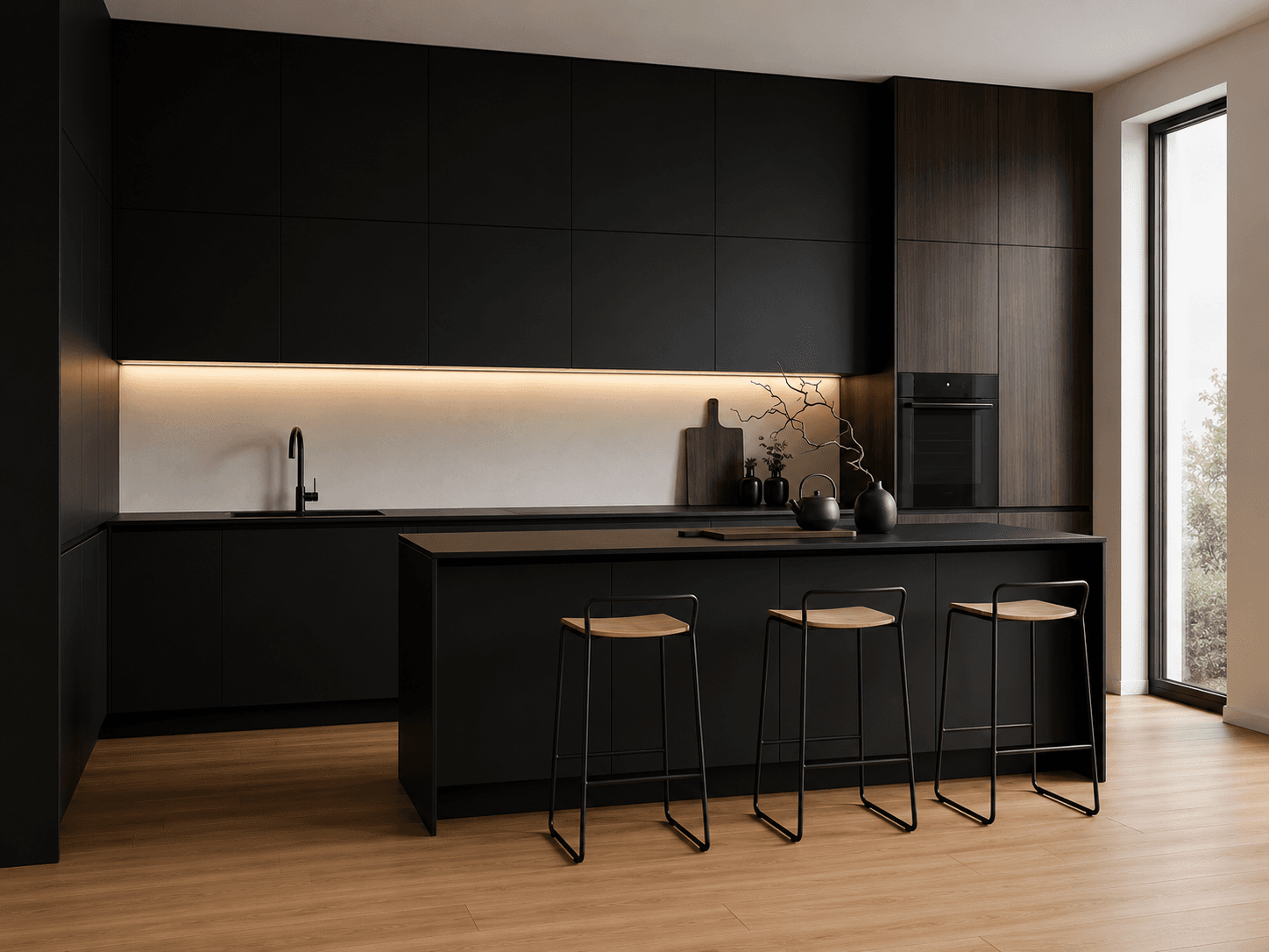 Cocina Kuro: volumen oscuro, contraste con madera y luz cenital.