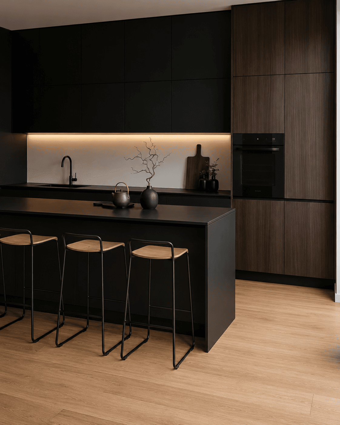 Cocina Kuro: isla o bloque central y encimera con lectura sobria.