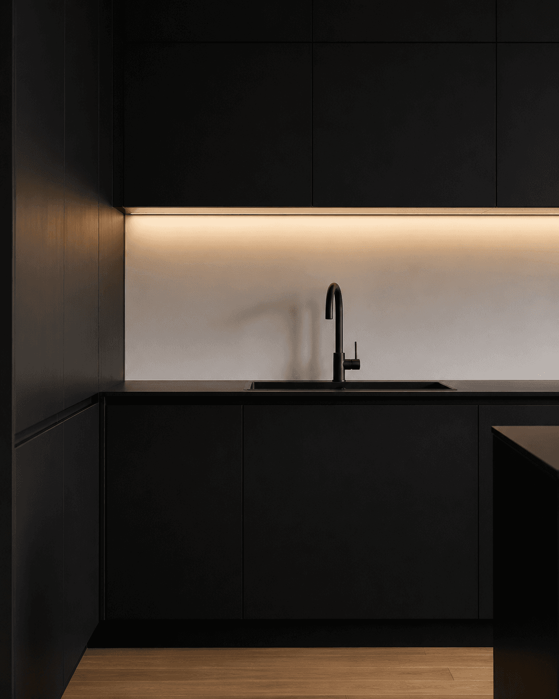 Cocina Kuro: luz cálida sobre frentes oscuros y vacío ordenado.