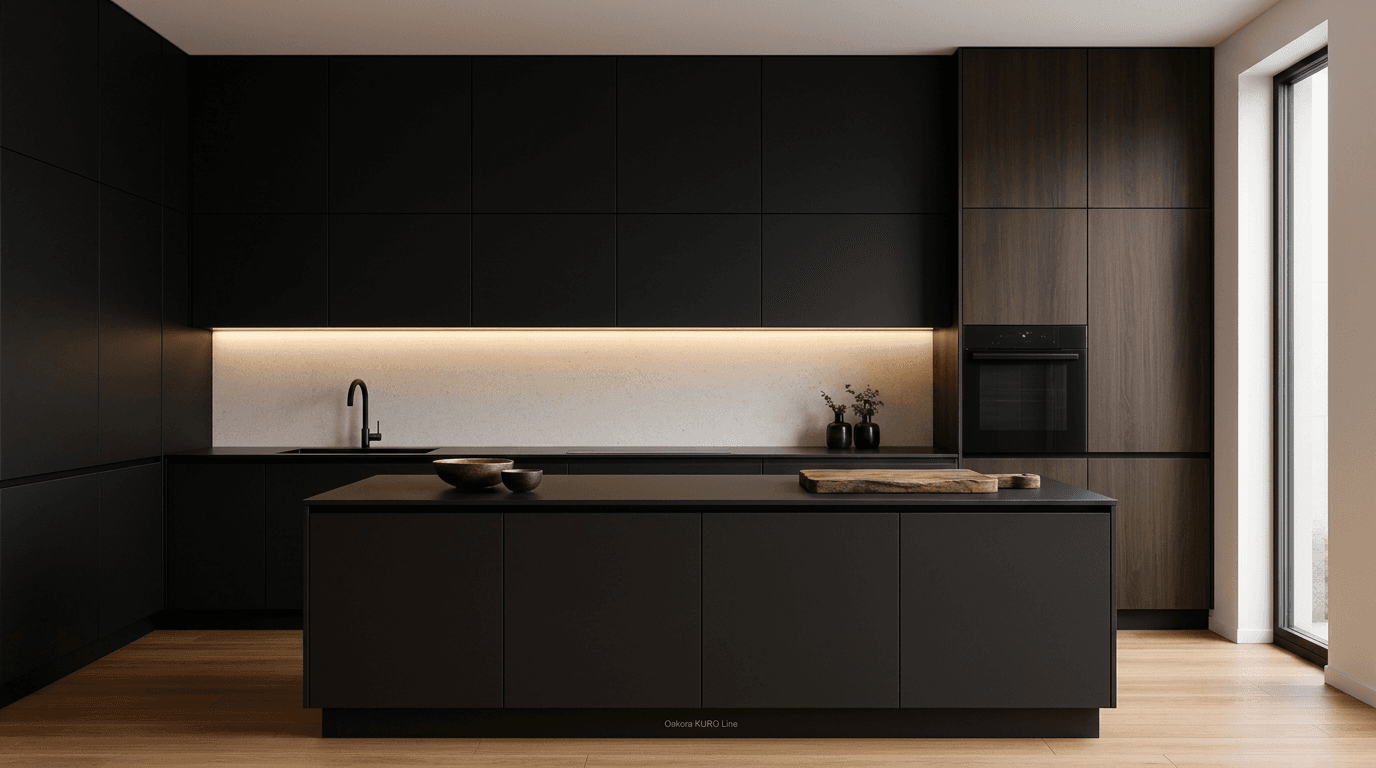 Cocina Ookora línea Kuro en torre residencial de Punta Pacífica con frentes oscuros, isla central y vista al Pacífico al fondo.