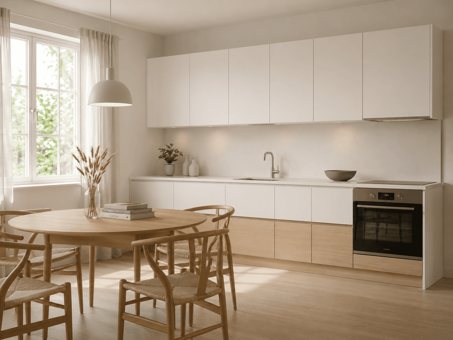 Cocina Nord: frentes claros, madera clara y luz natural.