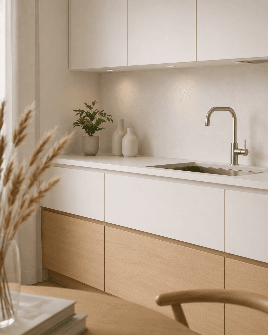 Cocina Nord: ambiente diurno con vacío y proporción nórdica.