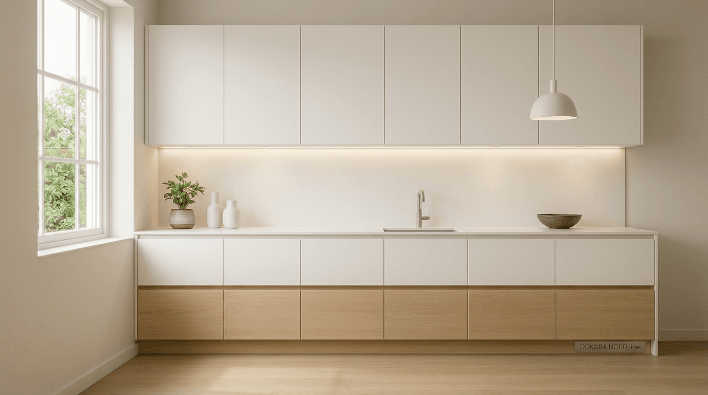 Nord kitchen—light-toned fronts, soft finishes, pale wood accents, integrated lighting, and daylight.