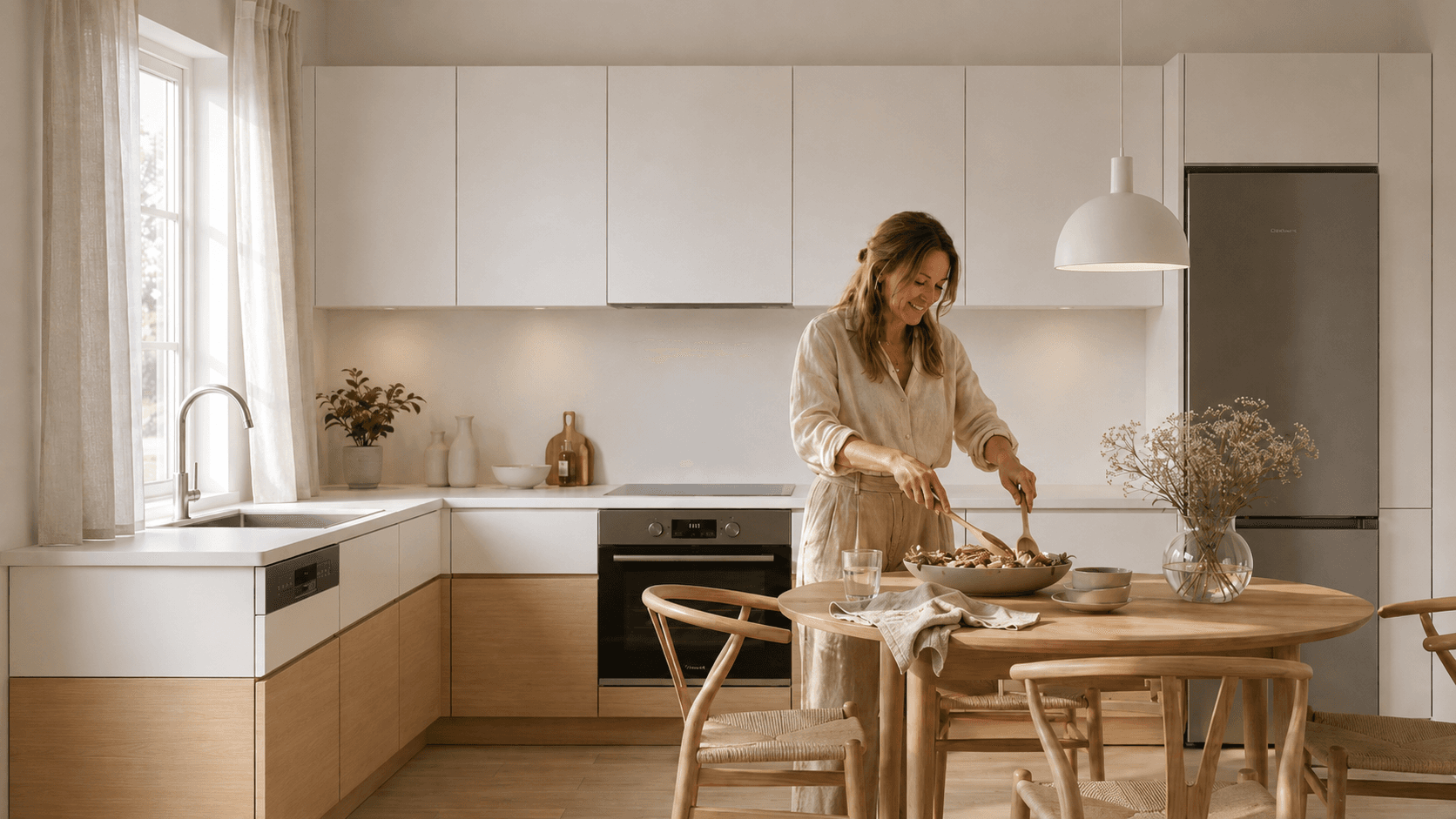 Mujer preparando alimentos en una cocina clara con isla central, frentes en tonos suaves y luz natural.