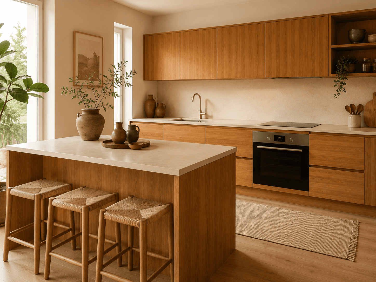 Cocina Raíz: tonos miel, madera y luz natural en la composición.
