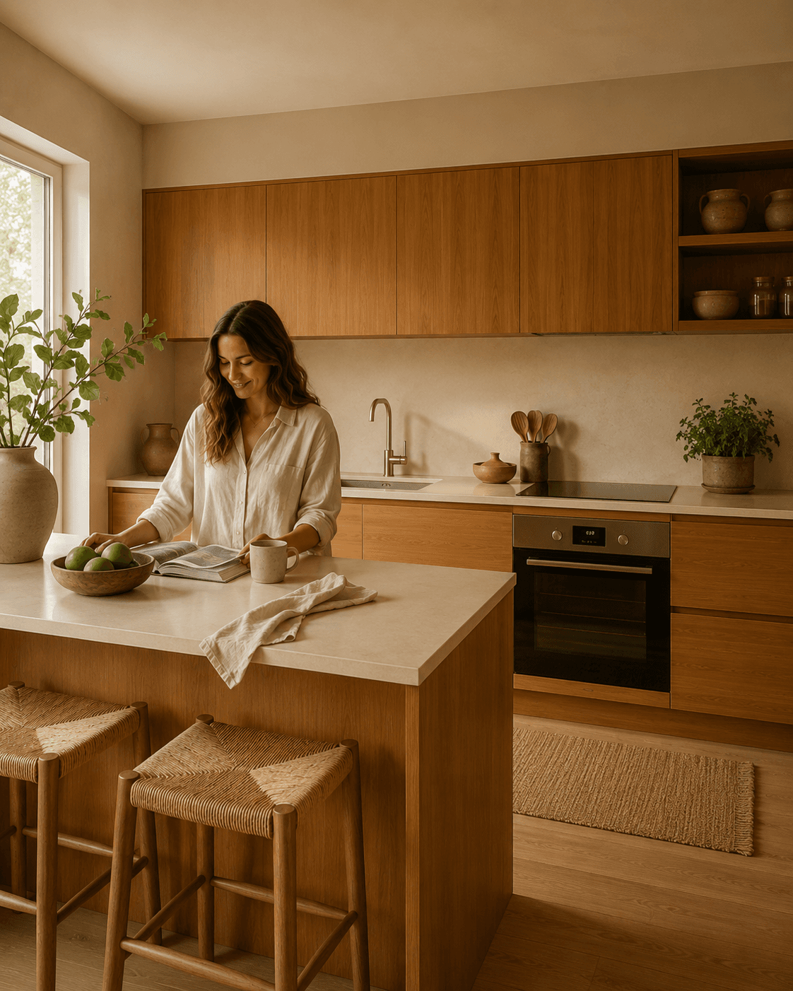Cocina Raíz: isla o bloque central con cara cálida y encimera serena.
