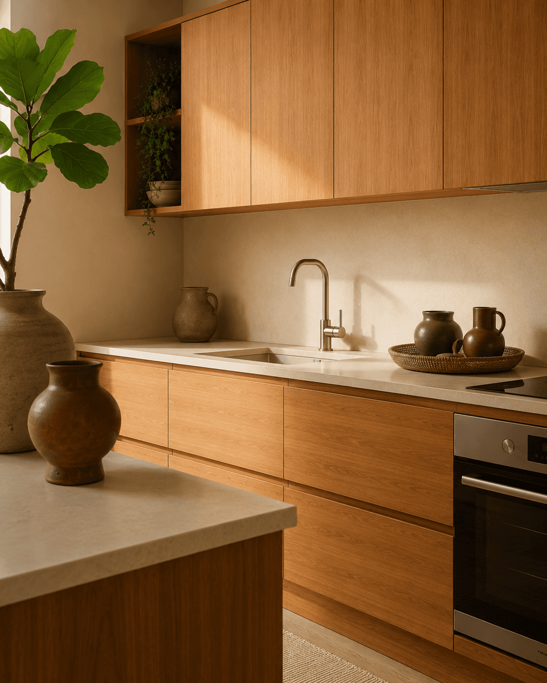 Cocina Raíz: zona de trabajo y almacenaje con calidez contenida.