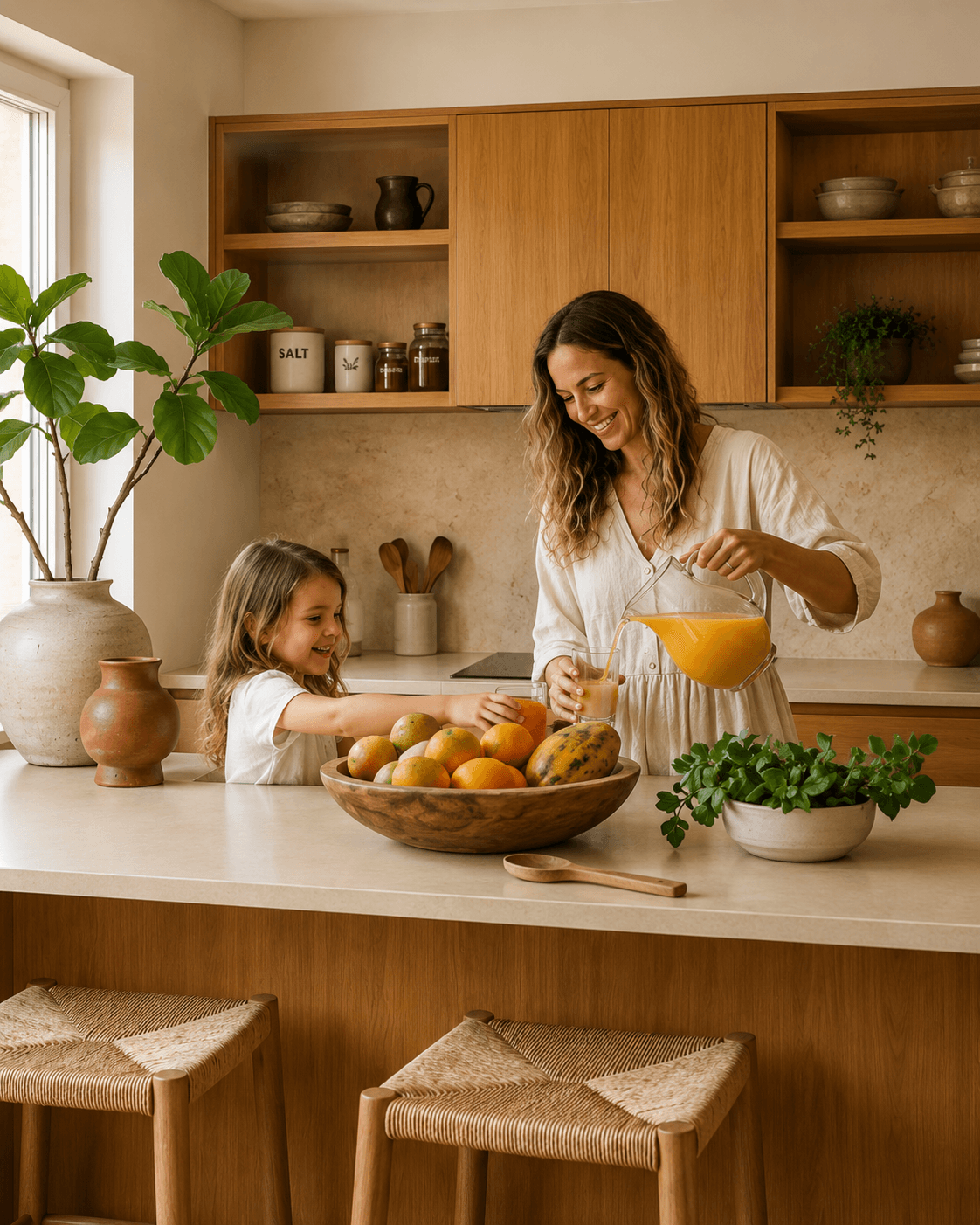 Cocina Raíz: ambiente diurno y materiales que refieren al territorio.