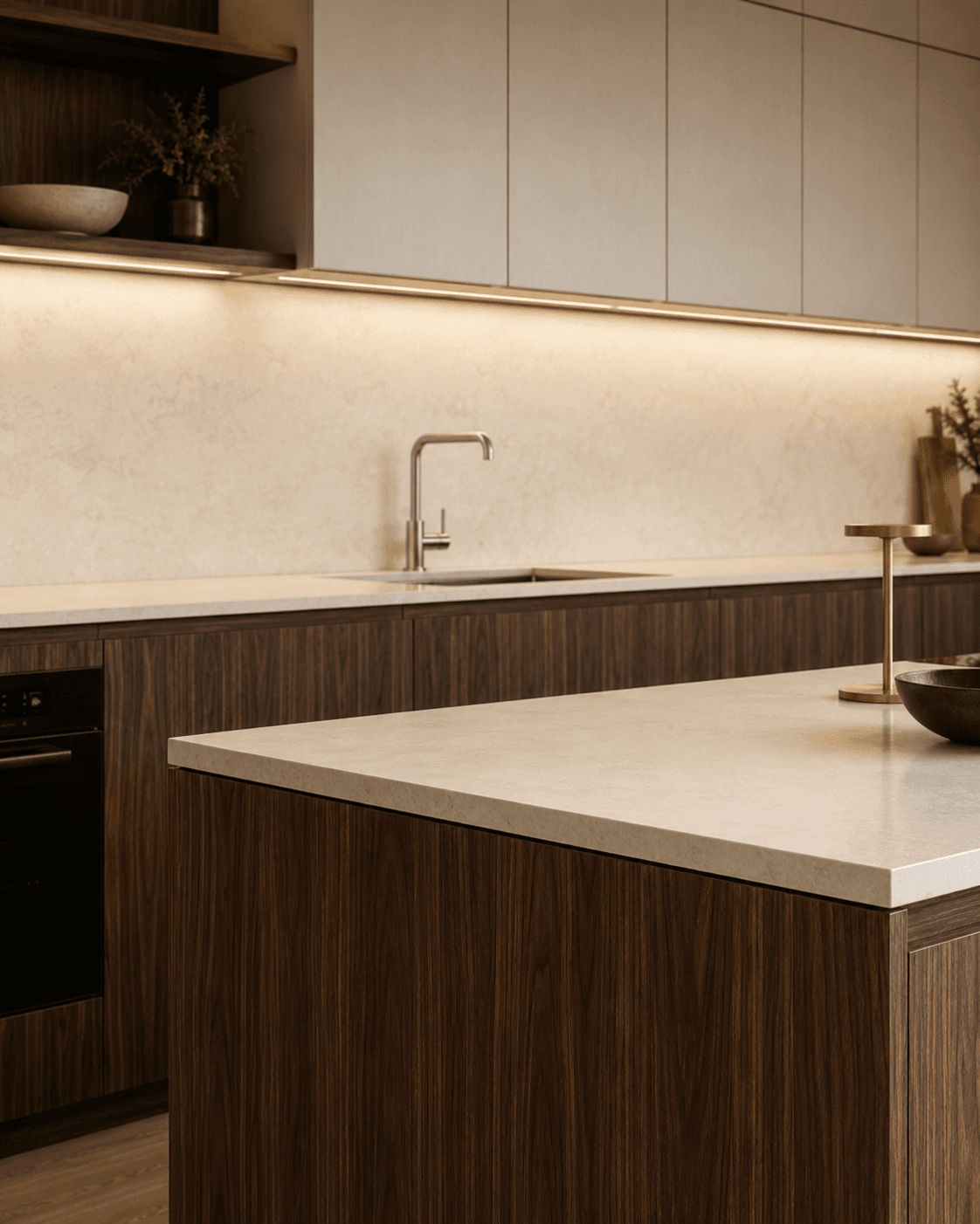 Cocina Werk: línea de frentes y manejas alineadas, detalle constructivo.