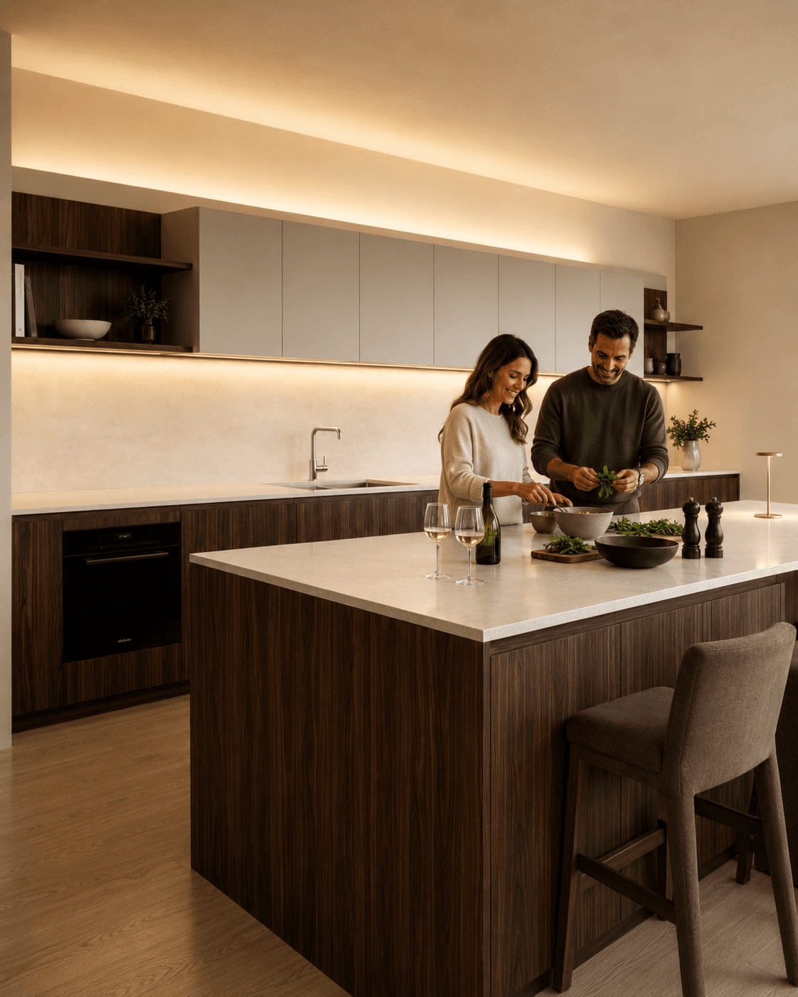 Werk line: contemporary kitchen with noble island—technical proportion and linear light.