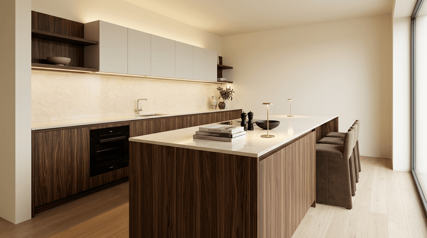 Vista en perspectiva 3/4 de cocina Werk con isla