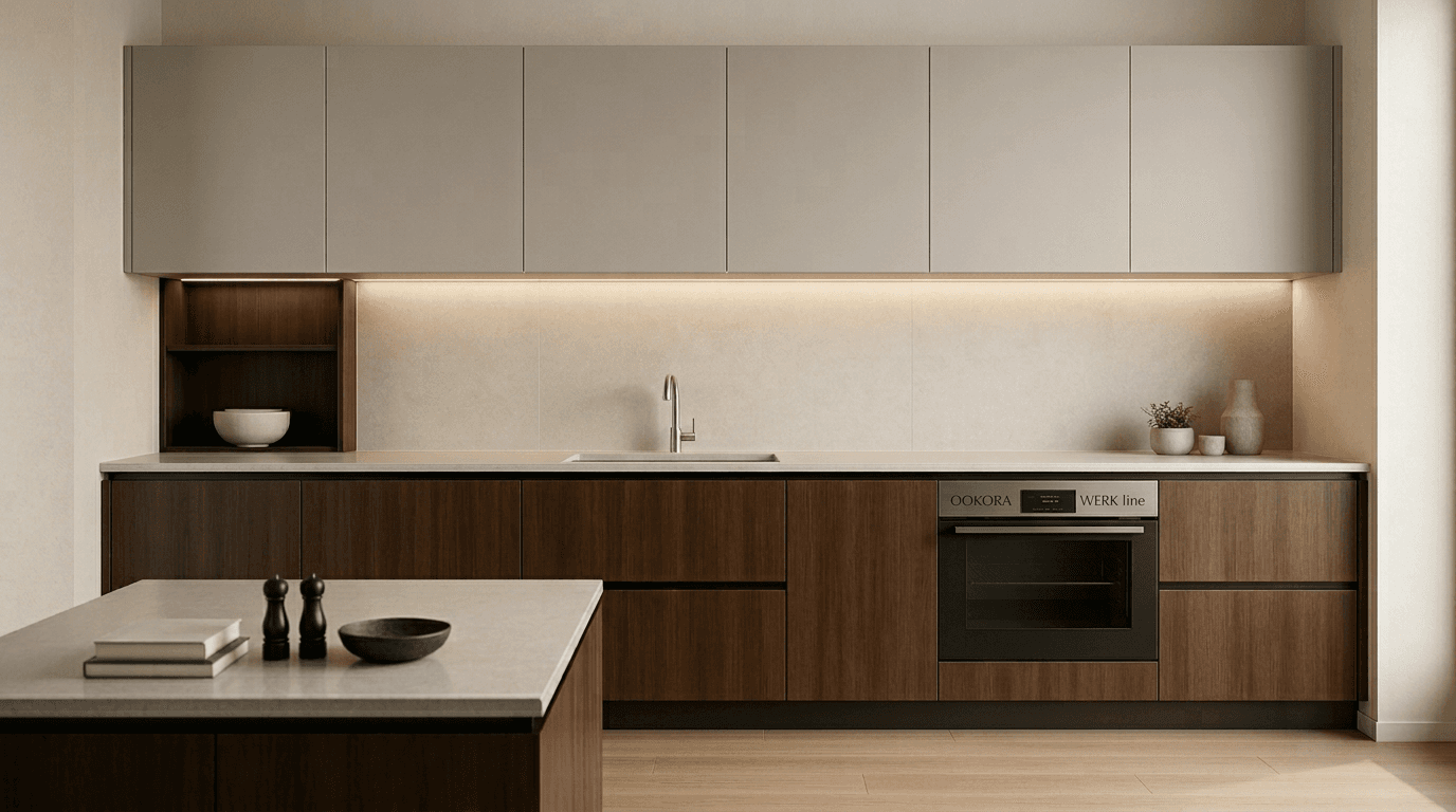 Werk kitchen—sober fronts, tone contrast, linear light, and polished technical proportion.