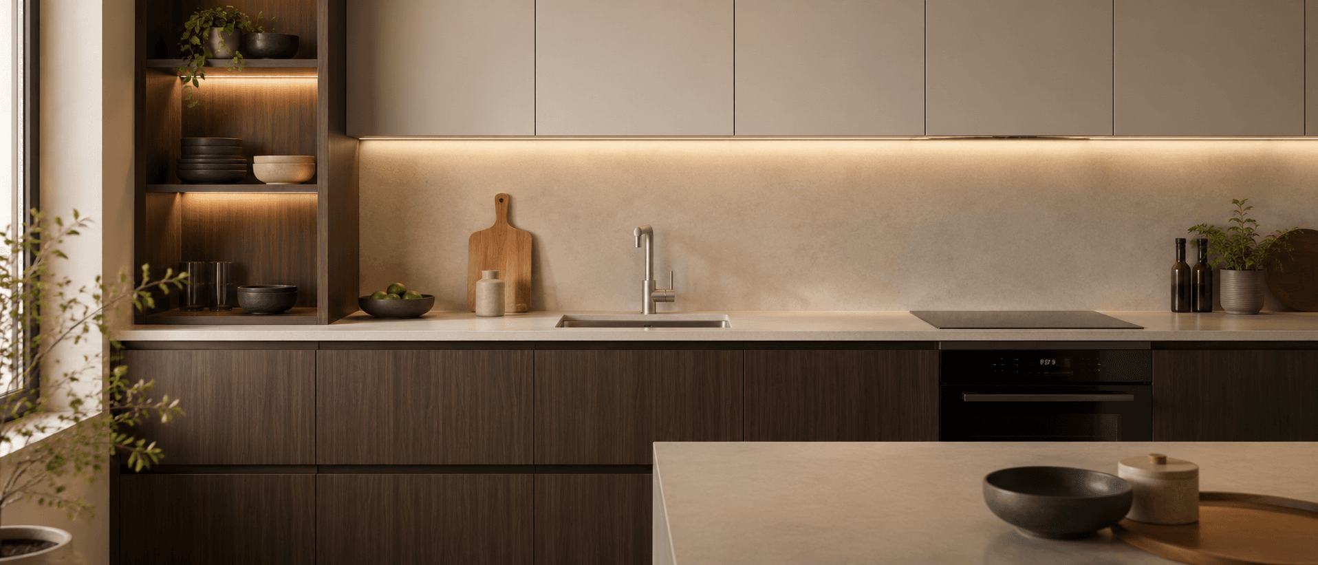 Plus level reference kitchen: integrated lighting layers and finer detail.