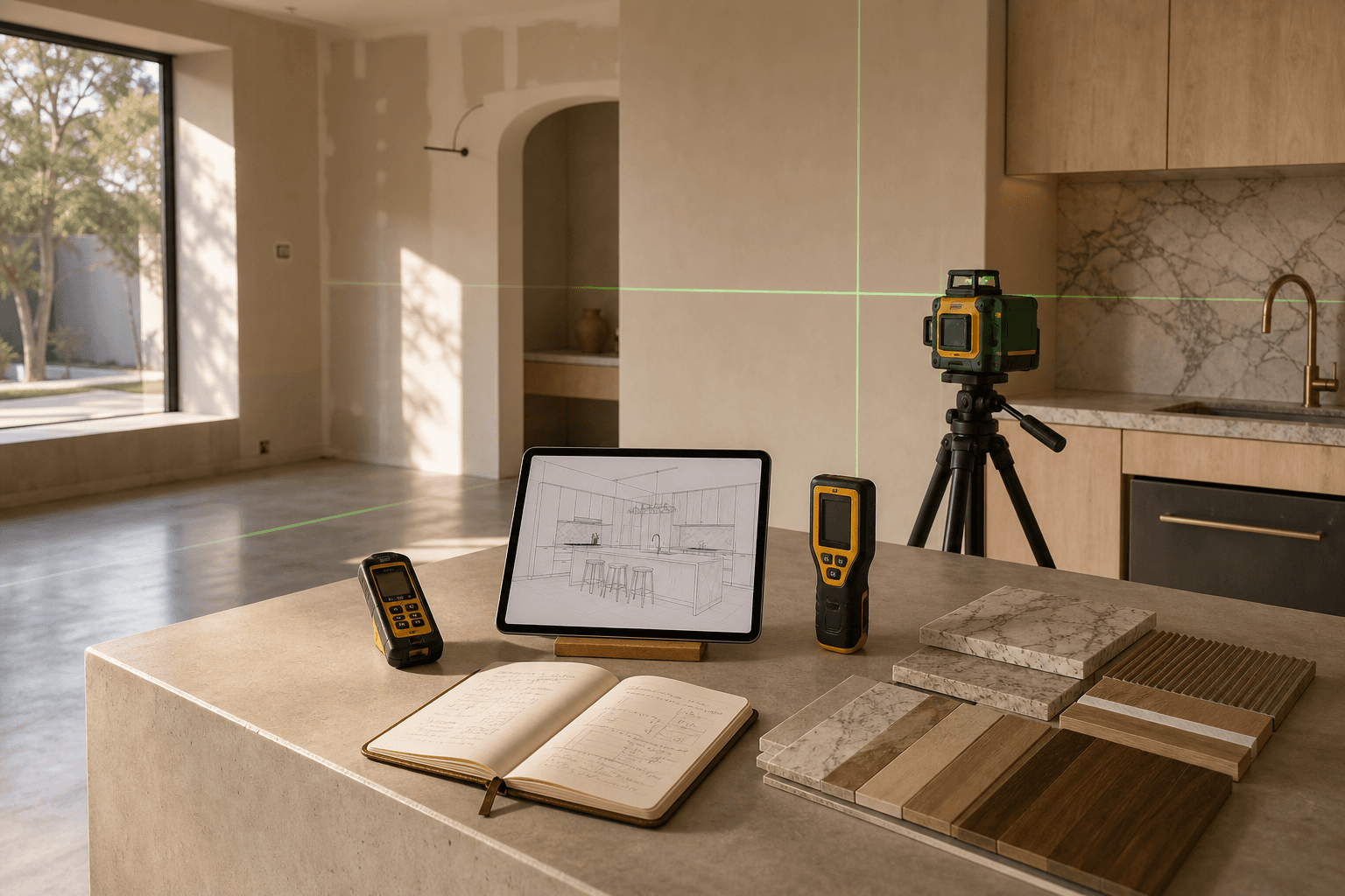 Ookora kitchen mid-renovation with measurement set on the island: 3D laser level on tripod, laser distance meter, structure detector, iPad with project sketch, measurement notebook, and material samples.