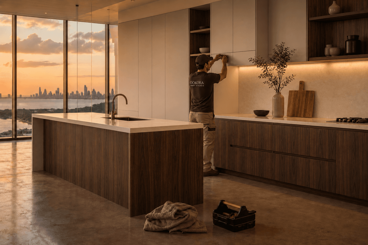 Ookora installer finishing a detail in a contemporary kitchen with city view at sunset before delivery.