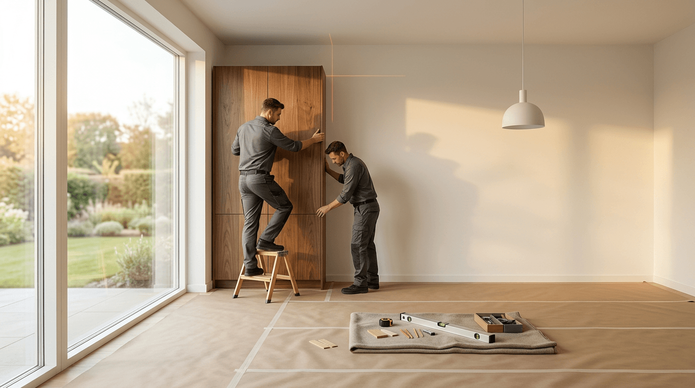 Instalación de columna de nogal en una casa