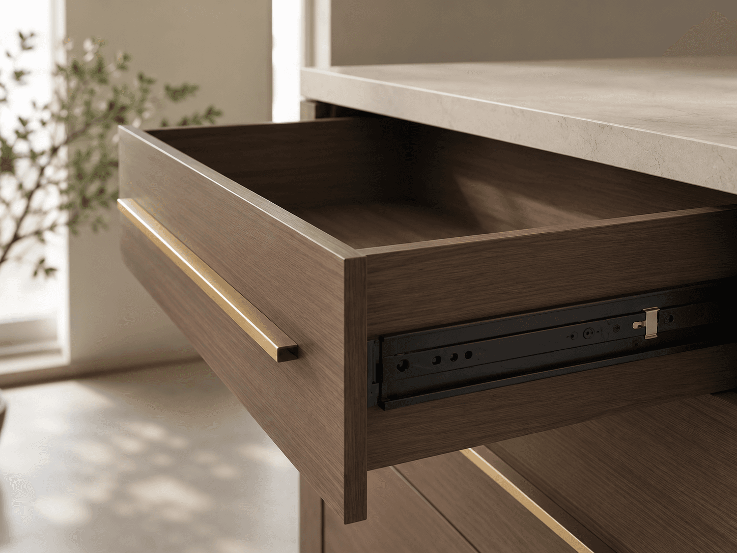 Ookora walnut drawer with soft-close runner and integrated brass pull —hardware tested in cabinet.