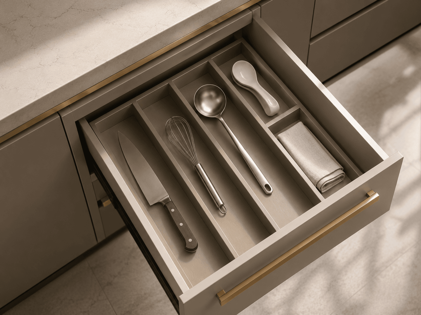 Top view of an Ookora drawer with bamboo organizer: knife, whisk and utensils in controlled order.