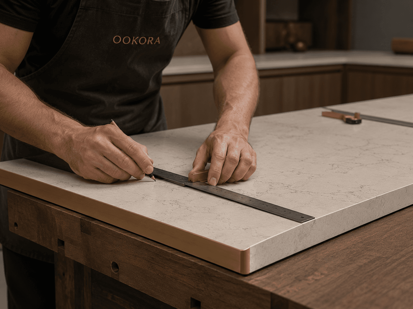 Ookora workshop hands checking with a square the cut of a walnut front on the bench.