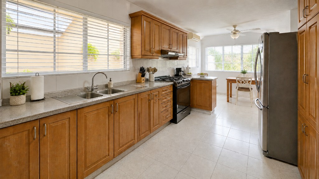 Previous state: mid-tone wooden cabinets on grey-veined surface and white backsplash, same angle toward breakfast area.